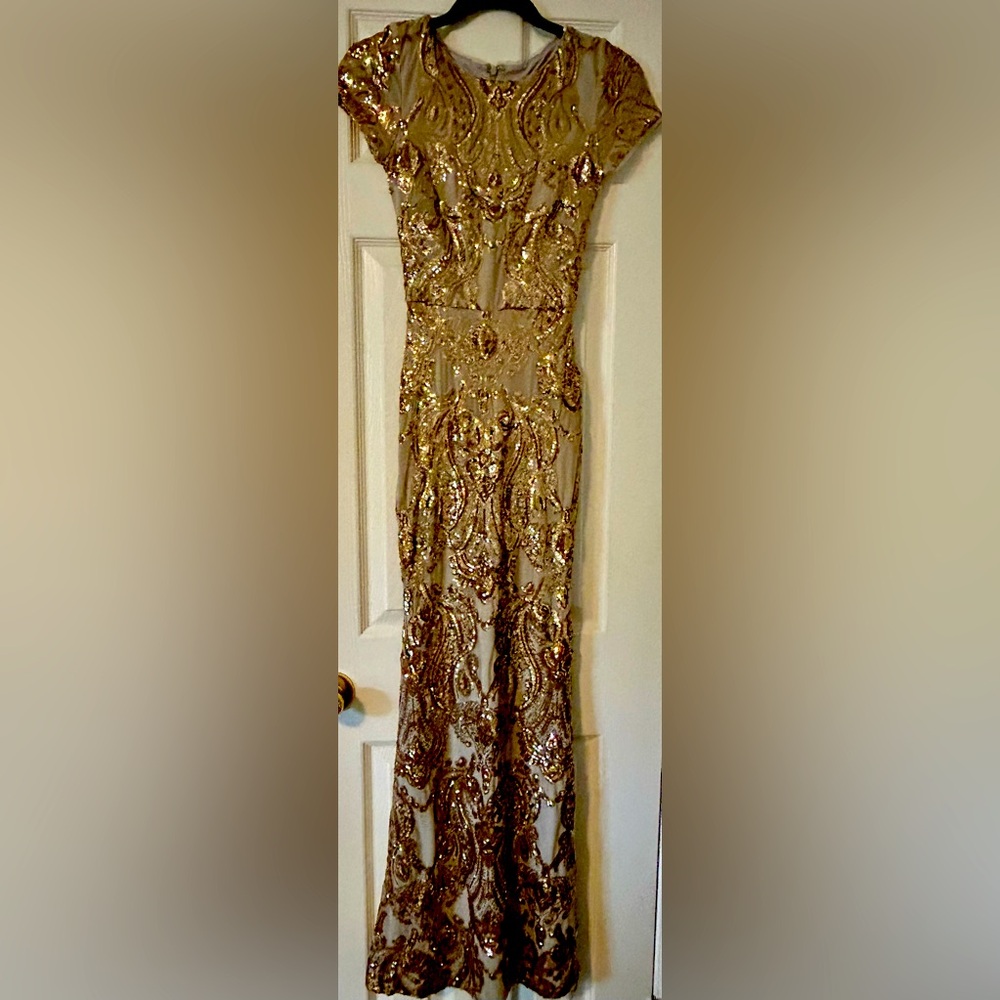BHLDN Anthropologie gold/silver sequin lined long gown with back zipper.